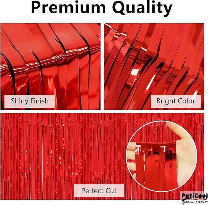 Christmas Decorations Thicken Red Streamers 2 Pack 3.2 x 8.2 FT, Red Birthday Decrorations Tinsel Backdrop Curtains, Foil Fringe Photo Backdrop for Casino, Carnival, Cherry Party Decorations