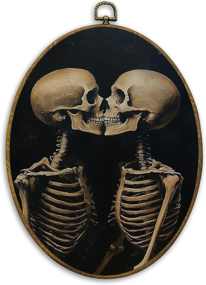 CUANFDDSF Vintage Gothic Couple Skeleton Oval Wall Art Decor, Gothic Moody Wall Hanging Decor, Dark Academia Skeleton Kissing Framed Canvas Prints for Home Bedroom Living Room, 8.6x11.4 Inch