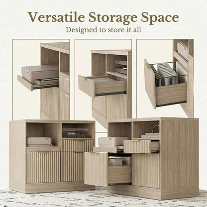 3 Drawer File Cabinet, Fluted Wood Lateral Filing Cabinet with Charging Station for Home Office, Fits for A4/Letter-Sized Files, Printer Stand with Open Storage Shelves, Natural Walnut
