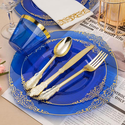 350PCS Clear Blue Plastic Plates for 50 Guests, Disposable Plates with Gold Trim include 50 Dinner and Dessert Plates, 150 Gold Silverware, 50 Cups, 50 Napkins for Party, Wedding & Graduation