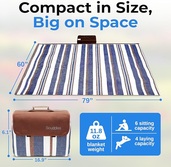scuddles Blue Extra Large Picnic Blanket 78x59 Inch Waterproof Outdoor Mat Soft 3 Layer Acrylic Sponge PEVA Foldable with Carry Strap Lightweight Compact for Beach Camping Hiking Travel Family Use
