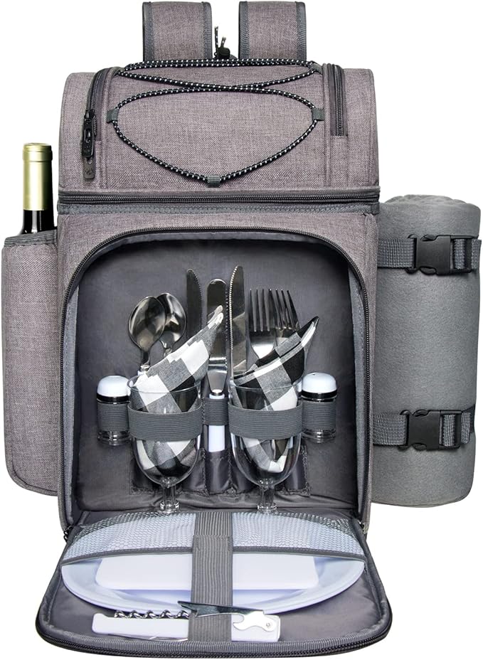 Hap Tim Picnic Basket Backpack for 2 Person with 2 Insulated Cooler Compartment, Wine Holder, Fleece Blanket, Cutlery Set, Gifts Ideals for Wedding, White Elephant, Bridal Showers, Christmas