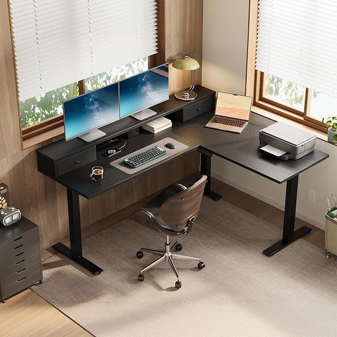Casaottima 59 Inch Electric L-Shaped Standing Desk with Drawers, Height Adjustable Stand Up Corner Desk with Monitor Stand, Lift Table for Home, Office, Workstation, Black