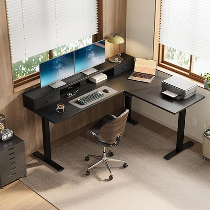 Casaottima 59 Inch Electric L-Shaped Standing Desk with Drawers, Height Adjustable Stand Up Corner Desk with Monitor Stand, Lift Table for Home, Office, Workstation, Black