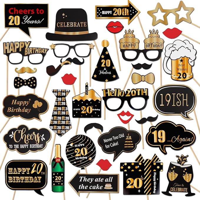 LINGTEER Happy 20th Birthday Party Photo Booth Props,Cheers to 20th Birthday Twenty Years Old Bday Party Centerpieces Props Decorations Sign.