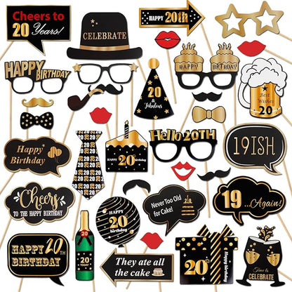 LINGTEER Happy 20th Birthday Party Photo Booth Props,Cheers to 20th Birthday Twenty Years Old Bday Party Centerpieces Props Decorations Sign.