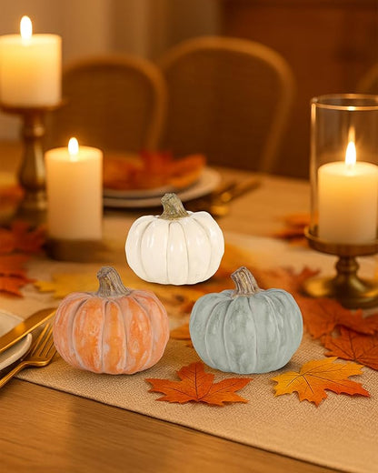 Set of 3 Decorative Pumpkins – Resin Fall Harvest Décor in White, Sage Green & Orange, Rustic Autumn Table Centerpiece for Thanksgiving Farmhouse Home Decoration (White)
