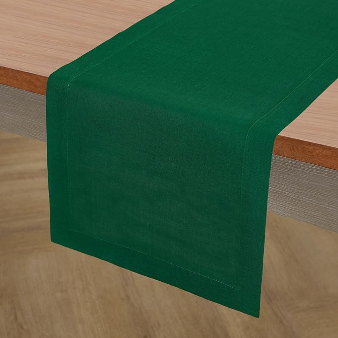 Solino Home Linen Christmas Green Table Runner 132 Inches Long - 100% Pure Linen Extra Long Table Runner 14 x 132 Inch - Fete