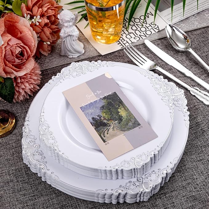 Hioasis 210pcs White and Silver Plastic Plates - Disposable Dinnerware Set Suitable for 30 Guests Include 10.25 Dinner & 7.5 Dessert Plates, Pre Rolled Silverware Set, Cups for Party & Wedding