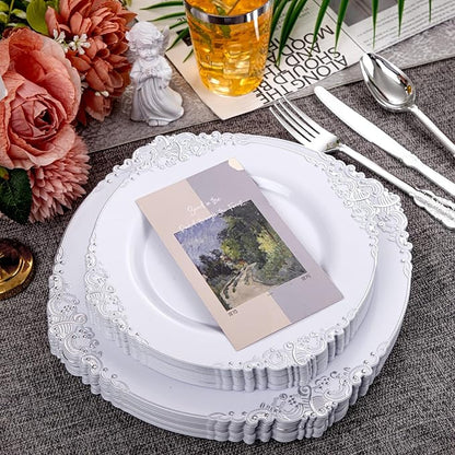 Hioasis 210pcs White and Silver Plastic Plates - Disposable Dinnerware Set Suitable for 30 Guests Include 10.25 Dinner & 7.5 Dessert Plates, Pre Rolled Silverware Set, Cups for Party & Wedding