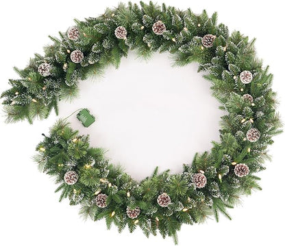 Christmas Garland Pre-lit 9 Ft with 50 Led Lights, Battery Operated Fireplace Stairs Mantle Door Indoor Outdoor, Decorated Pine Cone and Snow Style