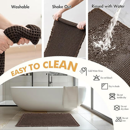 MIULEE Set of 2 Waffle Bathroom Rugs, Boho Bath Rugs Non Slip Washable, Super Absorbent Bath Mats, Ultra Soft Rubber Backed Shower Mats for Bathroom Floor, Tub, Chocolate, 17"x24"+18"x30"