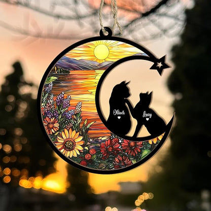 Personalized Cat Memorial Suncatcher – Custom Name & Cat Silhouette with Sunflower Background, Pet Loss Sympathy Gift, Memorial Keepsake for Cat Lovers (Up to 3 Pets)