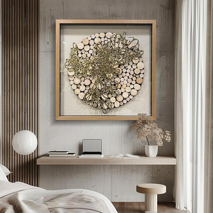 BrightA 3D Textured Wood Block Wall Art - Hand-Assembled Timber Base with Golden Vine Metal Accents, Tempered Glass & Solid Wood Frame Contemporary Decorfor Living Room Office 31.5"x31.5"