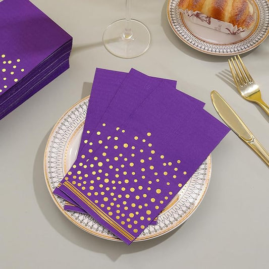 100 Pcs Purple Paper Napkins Disposable - Purple Gold Dot Dinner Party Napkins for Bathroom Wedding Anniversary Birthday Party Supplies