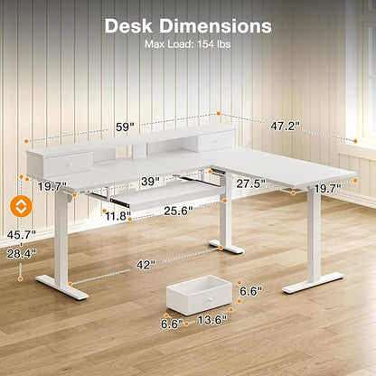 Casaottima 59 Inch Electric L-Shaped Standing Desk with Drawers, Height Adjustable Stand Up Corner Desk with Monitor Stand & Keyboard Tray, Lift Table for Home Office, Workstation, White