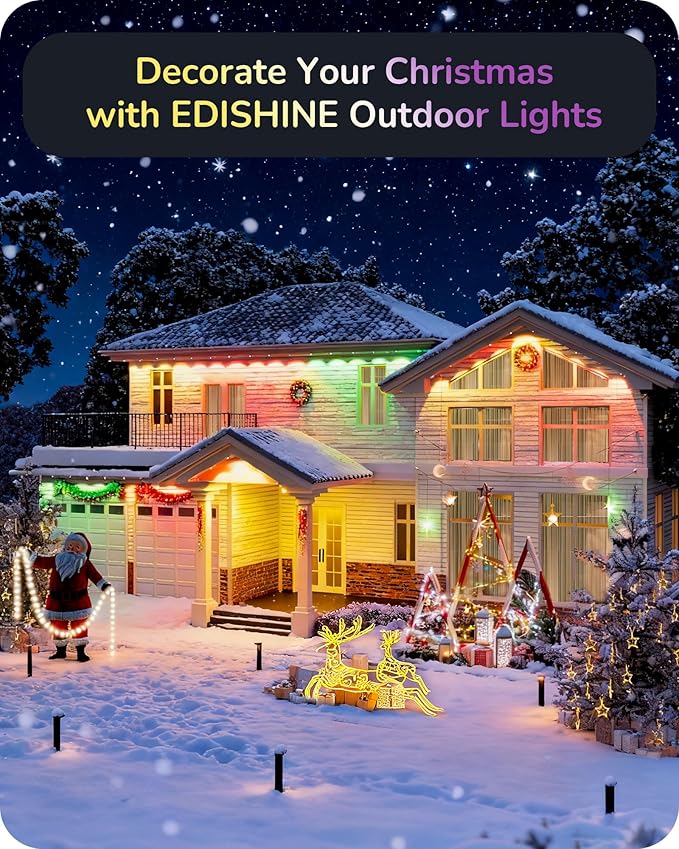 EDISHINE 150FT Cuttable Permanent Outdoor Xmas Lights for House PRO, 90 LED Smart RGB+IC+Warm White Eave Light, 111+ Scene Modes, App/Remote, IP67 Waterproof for Year-Round Decor, Alexa Google Enable