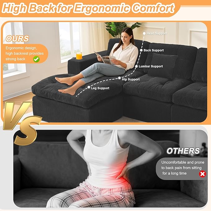 108 Inch Cloud Sectional Couch Modern Modular Sectional Sofa with Deep Seat - L Shaped Comfy 3 Seater Sectional Couches Memory Foam Boneless Fits Living Room & Bedroom, Black