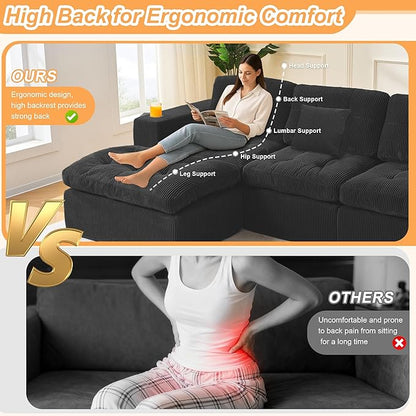 108 Inch Cloud Sectional Couch Modern Modular Sectional Sofa with Deep Seat - L Shaped Comfy 3 Seater Sectional Couches Memory Foam Boneless Fits Living Room & Bedroom, Black