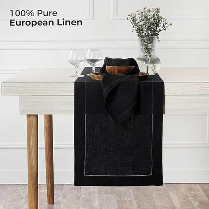 D'Moksha Homes Linen Black Table Runner 108 Inches Long - 100% Pure Linen 14 x 108 Inch Table Runner for Winter, Christmas, Holiday - Classic Hemstitch