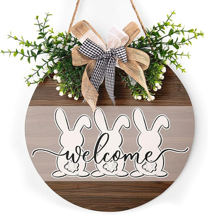 Harooni Easter Door Sign 12x12 Inch Wooden Welcome Hanging Sign with Easter Rabbits and Buffalo Plaid Bow