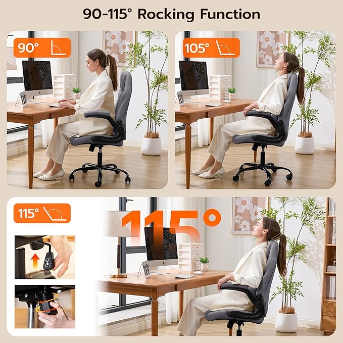 Office Desk Chair, Ergonomic Computer Chair with Padded Flip-Up Arms and Adjustable Lumbar Support, PU Leather Executive Chair with Tilt Lock and 360° Swivel Rolling Wheels for Work, Study