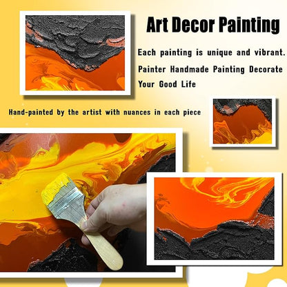 GUGIKA Abstract Wall Art for Living Room, Black and Gold Yellow Volcanic Lava Canvas Wall-Decor for Bedroom, Hand Painted 3D Textured Magma Paintings, Size 47x24 Inches