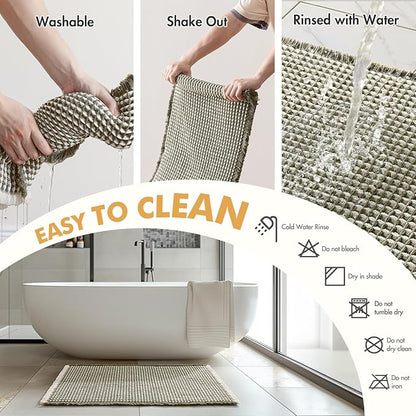 MIULEE Set of 2 Waffle Bathroom Rugs, Boho Bath Rugs Non Slip Washable, Super Absorbent Bath Mats, Ultra Soft Rubber Backed Shower Mats for Bathroom Floor, Tub, Green & Cream, 17"x24"+18"x30"