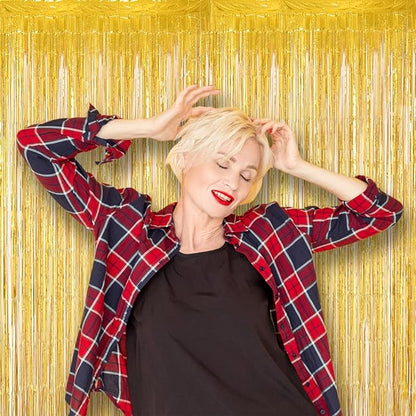 2 Pack Laser Gold Tinsel Foil Fringe Curtains, Gold Party Decorations, Metallic Tinsel Party Streamers Backdrop for Birthday Baby Shower Graduation Wedding New Years Party Decorations