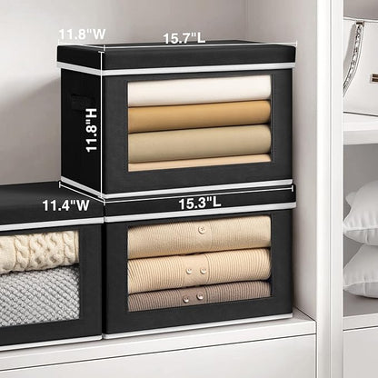 Storage Bins with Lids, 4 Pack Large Storage Cubes with Window, Closet Bins with Lids & Handles, Fabric Box for Organizing Clothes, Towels, Books, Black