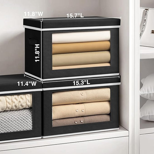Storage Bins with Lids, 4 Pack Large Storage Cubes with Window, Closet Bins with Lids & Handles, Fabric Box for Organizing Clothes, Towels, Books, Black
