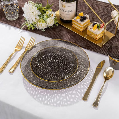 Rubtlamp 60Pcs Black Plastic Plates, Black Disposable Plates With Gold Rim, Clear Heavy-duty Party Plates, Hammered Plastic plates Include 30 Dessert Platos, 30 Dinner Platos for Party, New Year