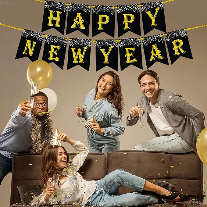 KatchOn, Black Gold Happy New Year Banner 2026-10 Feet | Happy New Year Sign, Happy New Years Decorations 2026 | NYE Banner for NYE Decorations 2026 | New Years Eve Party Supplies 2026