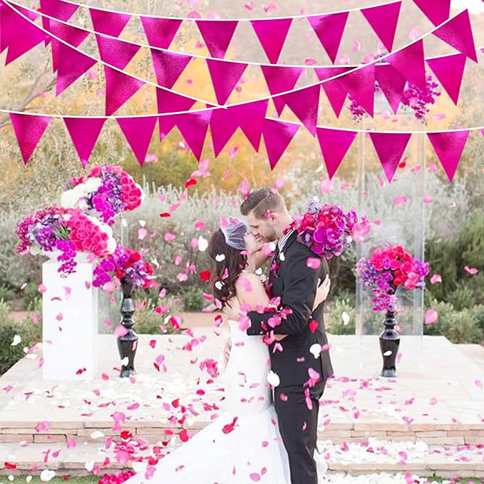 Hot Pink Party Decorations Triangle Pennant Banner Flag Rose Pink Metallic Fabric Bunting Garland for Birthday Bachelorette Wedding Bridal Shower Anniversary Flamingo Theme Party Supplies