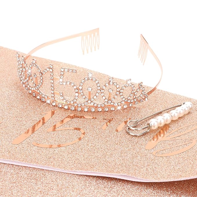 CIEHER 15th Birthday Crown + 15th Birthday Sash + Pearl Pin Set, 15th Birthday Gifts for Girls It's My 15th Birthday Decorations Women Happy 15th Birthday Party Supplies