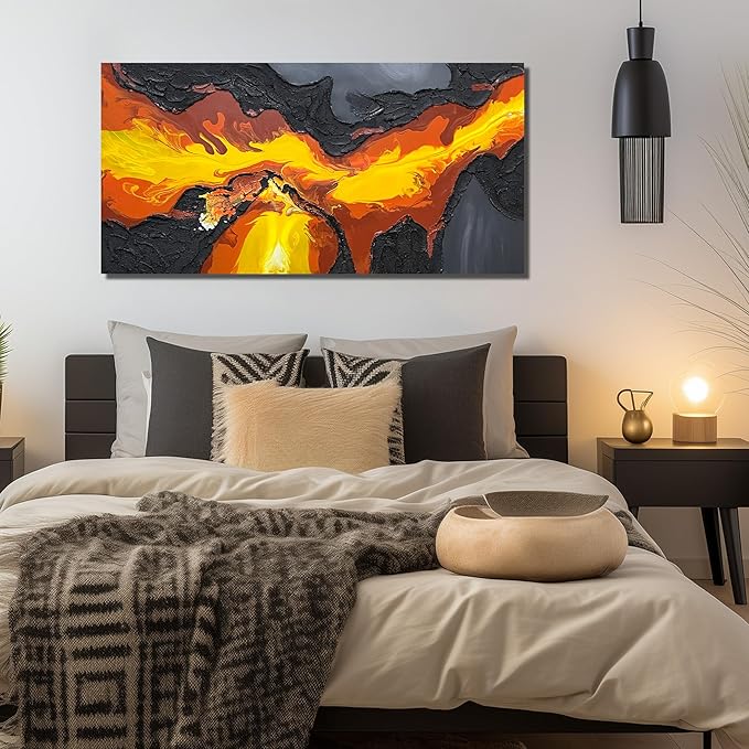 GUGIKA Abstract Wall Art for Living Room, Black and Gold Yellow Volcanic Lava Canvas Wall-Decor for Bedroom, Hand Painted 3D Textured Magma Paintings, Size 47x24 Inches