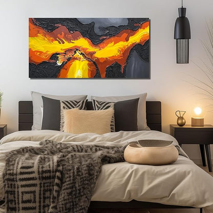 GUGIKA Abstract Wall Art for Living Room, Black and Gold Yellow Volcanic Lava Canvas Wall-Decor for Bedroom, Hand Painted 3D Textured Magma Paintings, Size 47x24 Inches