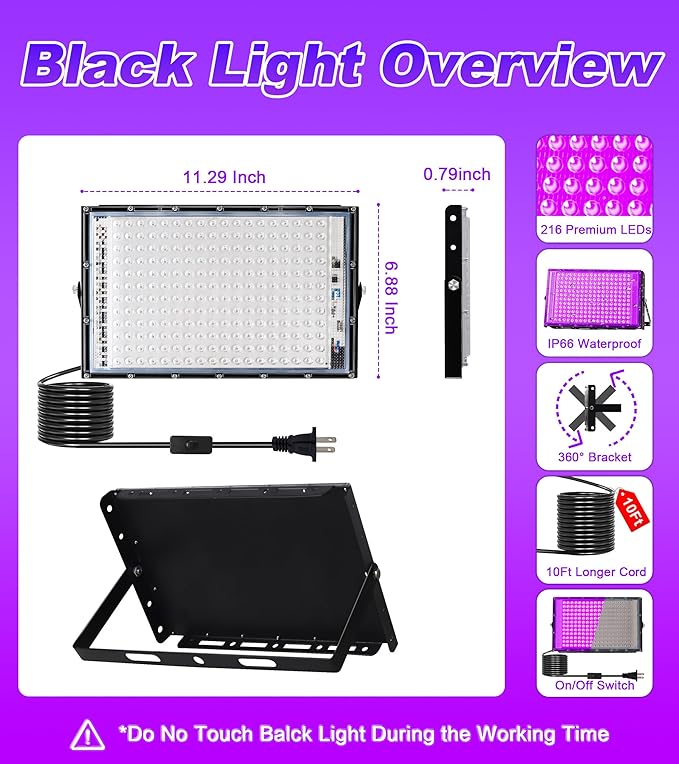 200W LED Black Light, IP66 Blacklight Lamp Flood Light with Swith & Plug, Small Outdoor Blacklight Floodlight for Halloween, Glow Party, Fluorescent Poster, Display, Body Paint, Stage, 2 Pack