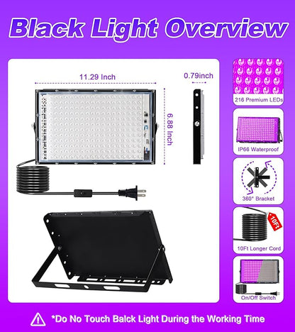 200W LED Black Light, IP66 Blacklight Lamp Flood Light with Swith & Plug, Small Outdoor Blacklight Floodlight for Halloween, Glow Party, Fluorescent Poster, Display, Body Paint, Stage, 2 Pack
