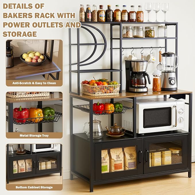 Uieke Bakers Rack with Power Outlet and Storage, Kitchen Bakers Rack with Cabinet & 10 Hooks, Coffee Bar Cabinet, Microwave Stand, 5 Tiers Kitchen Storage Rack for Dining Room & Small Spaces, Black