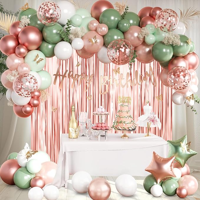 Sage Green and Rose Gold Birthday Party Decorations with Happy Birthday Banner, Green White Rose Gold Foil Balloons, Sash, Fringe Curtain, Cake Topper, Butterfly for Women Girls Party Supplies
