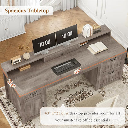 SEDETA Farmhouse 63" Executive Desk, Wood Computer Desk with Drawers and Storage Cabinet, Home Office Desk with File Drawer and Monitor Stand, Wood Desk for Work Study Writing, Grey