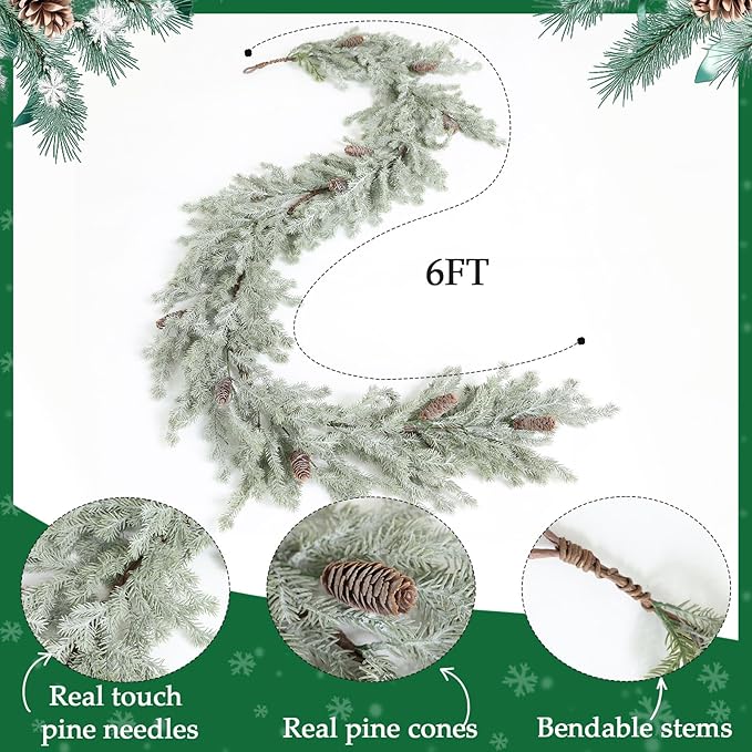 MIZII Christmas Garlands 6 Feet Artificial Pine Garland with Pinecone Real Touch Pines Vine Greenery Garland Christmas Decorations for Xmas Fireplace Mantle Home Decor Indoor Outdoor (White Pine)