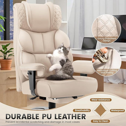 Office Desk Chair, Big and Tall Leather Gaming Chair with Footrest, Wide Ergonomic Comfy Executive High-Back Reclining Computer Chairs, Swivel Rolling Wheels and Padded Lumbar Support, Beige