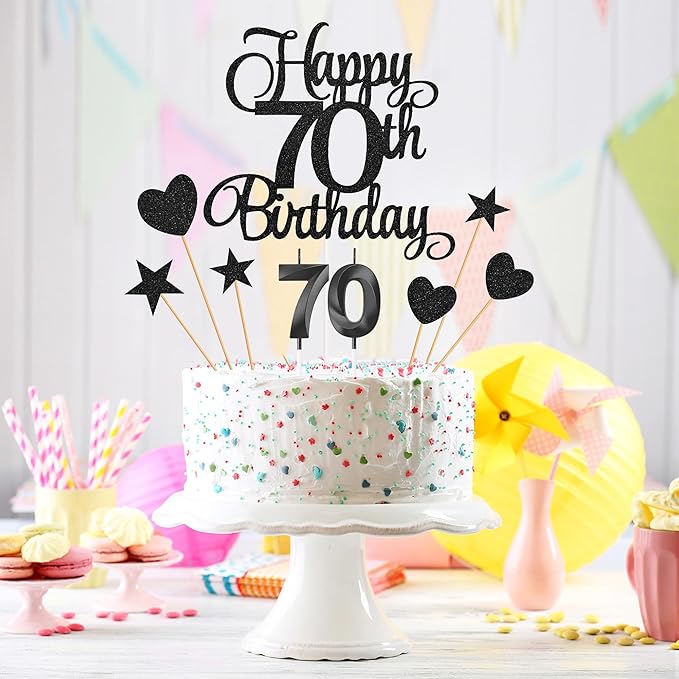 70th Birthday Cake Decorations, 70th Birthday Candles Cake Numeral Candles and Glitter Happy 70th Birthday Cake Toppers Set for Birthday Party Supplies (Black)