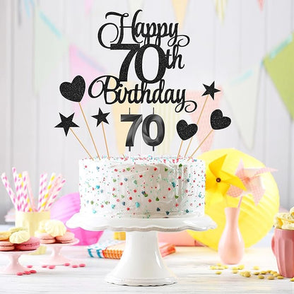 70th Birthday Cake Decorations, 70th Birthday Candles Cake Numeral Candles and Glitter Happy 70th Birthday Cake Toppers Set for Birthday Party Supplies (Black)