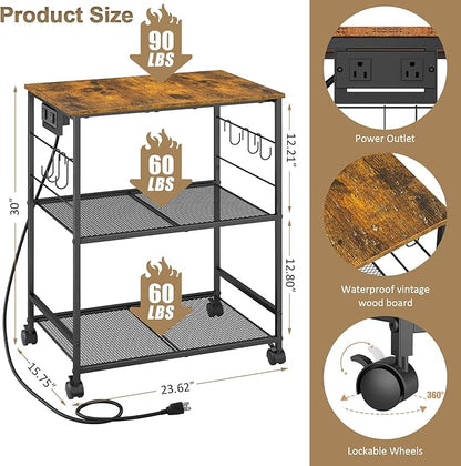 Rolling Kitchen Microwave Cart with Power Outlet, 3 Tier Microwave Table Stand with Storage, Kitchen Utility Cart on Wheels, Small Coffee Cart Shelf Rack Organizer for Living Room Office