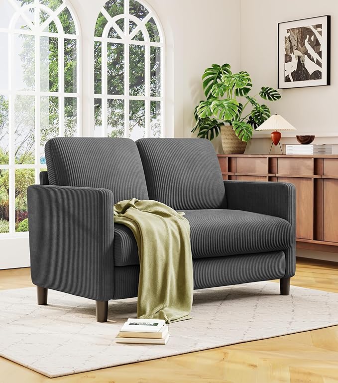 Loveseat Sofa, 51" Love Seat, Comfy Corduroy Small Loveseat for Small Spaces, Tool-Free Setup Couch for Bedroom, All-Wood Couches for Living Room, No Pillow Included, Grey
