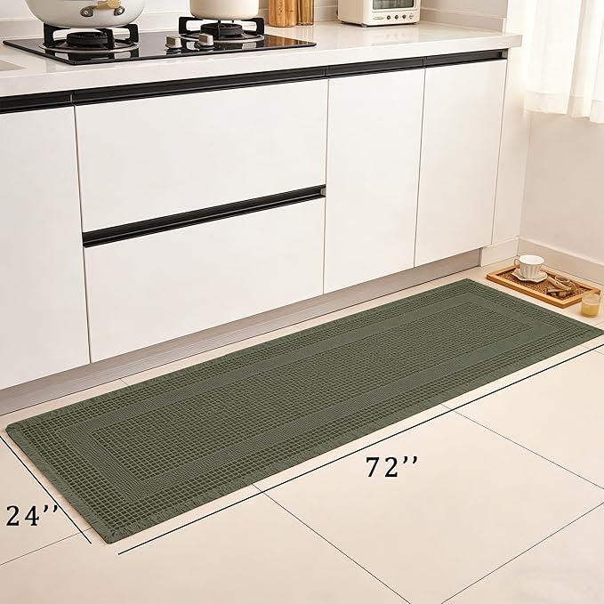 Waffle Runner Rug Non Slip, Boho Bath Mat, Super Absorbent Quick Dry Long Bath Runner Bathroom, Soft Farmhouse Bath Rug with Tassels, Washable Shower Mats for Floor 24"x72", Square Olive Green