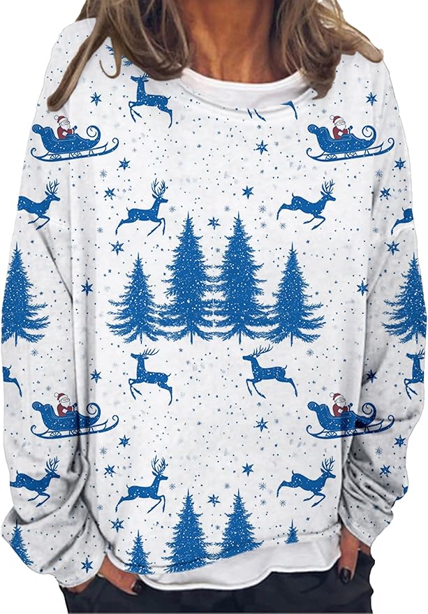 LOAIHA Christmas Shirts for Women Crewneck Snowman Snowflake Santa Graphic Shirts Christmas Tree Long Sleeve Xmas Hoodie